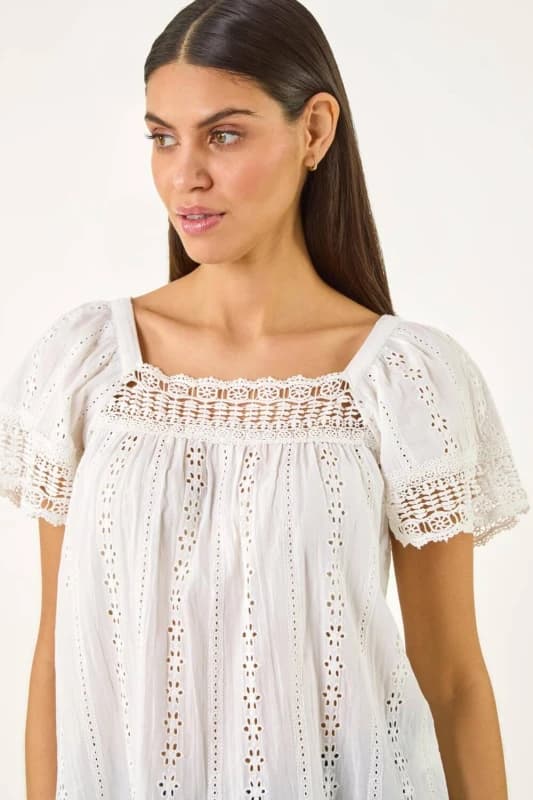 Roman Womens Broderie Lace Detail Top in Ivory Size: 10 Ivory Female 10