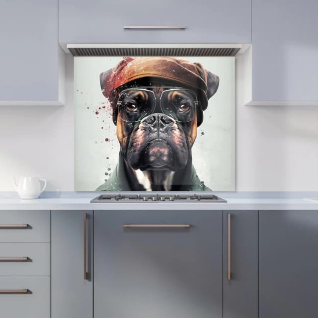 Warren Reed - Designer Boxer Dog With Hat Splashart Kitchen Splashback Size: 600mm x 750mm Multicolor Unisex 600mm x 750mm