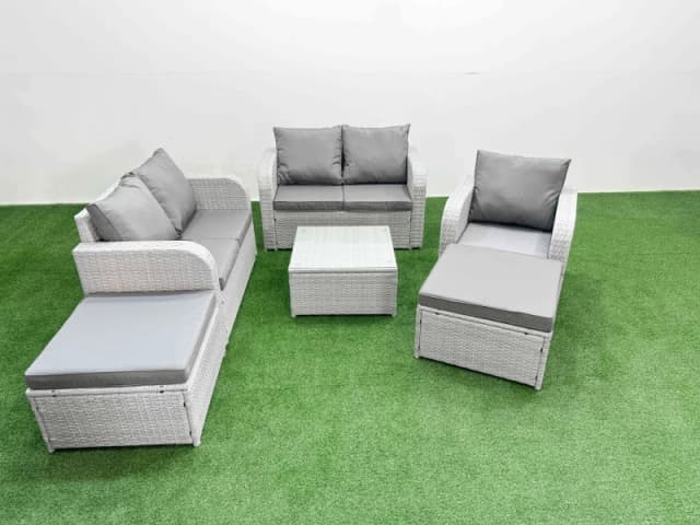 Fimous High Back Poly Rattan Garden Furniture Set with Reclining Chair Loveseat Sofa Square Coffee Table Indoor Outdoor Patio Set 2 Big Stool Light G