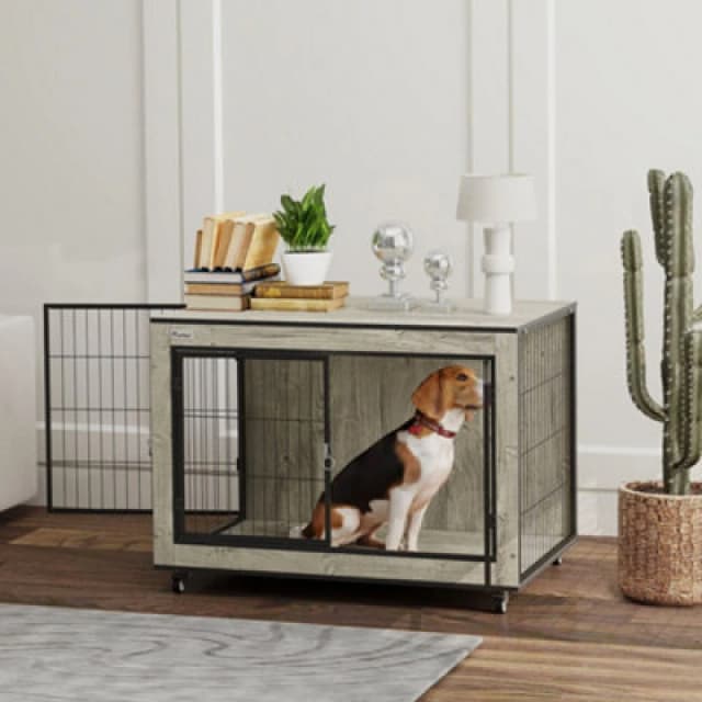 PawHut Dog Crate Furniture on Wheels, for Medium Dogs, 80 x 56 x 62.5cm, Grey D02-214V00GY