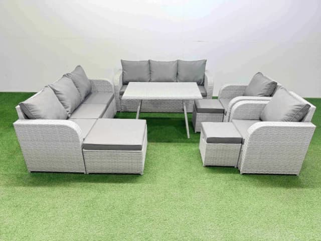Fimous Rattan High Back Lounge Sofa Set with Reclining Chairs 3 Stool in Light Grey Light Grey Unisex