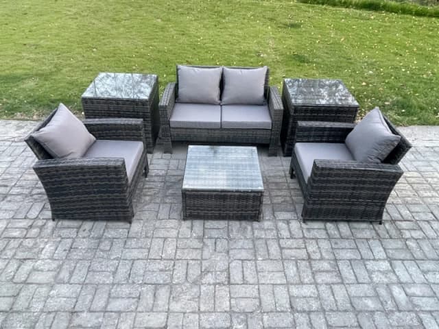 Fimous Outdoor Lounge Sofa Set Wicker PE Rattan Garden Furniture Set with Armchair Squar Coffee Table 2 Side Tables in Dark Grey Dark Grey Unisex