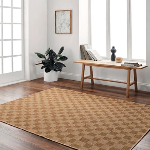 Livabliss Pismo Beach-Modern Yellow Tan Checkered In- & Outdoor Jute-Look Rug 200 X 275cm Easy Care, Non Shedding