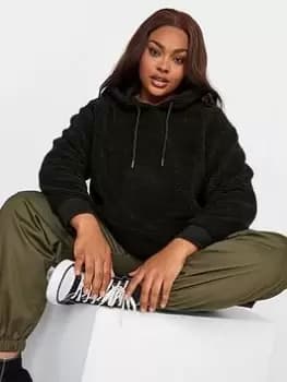 Yours Yours Borg Cropped Hooded Fleece Black, Size 30-32, Women