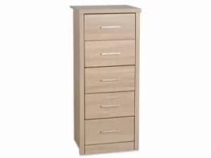Seconique Lisbon Light Oak Effect 5 Drawer Tall Narrow Chest of Drawers Flat Packed
