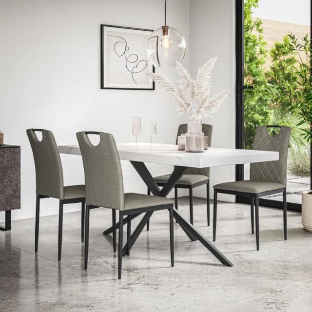 More4Homes Donni Dining Table And Chairs - White Marble Effect Table Top W Black Legs + Monza Linen Dining Chair Set Of 6 (Grey)