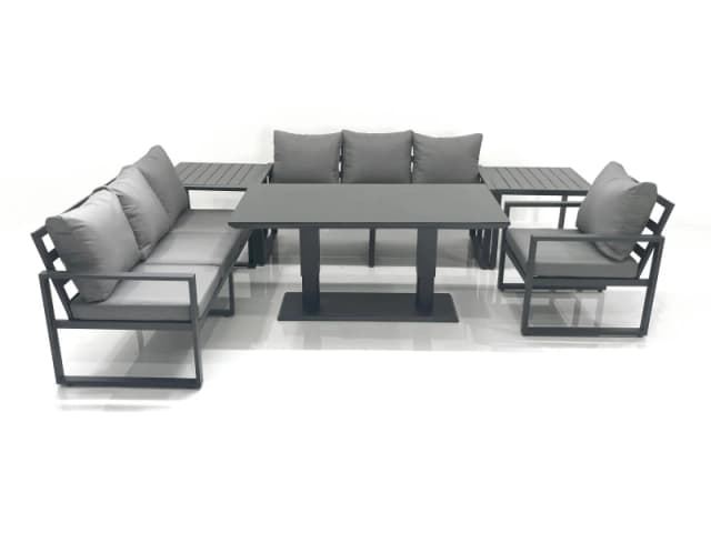 Fimous Outdoor Garden Furniture Set Aluminium Lounge Sofa Adjustable Rising Lifting Dining Table Sets with 2 Side Tables Dark Grey Dark Grey Unisex