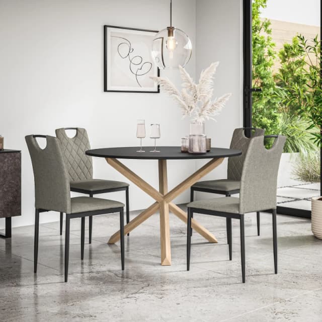 More4Homes Malvern Round Dining Table And Chairs - Black Table Top W Solid Oak Legs + Monza Fabric Dining Chair Set Of 4 (Grey)