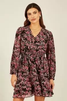 Black Blossom Print Ruched Waist Long Sleeve Skater Dress