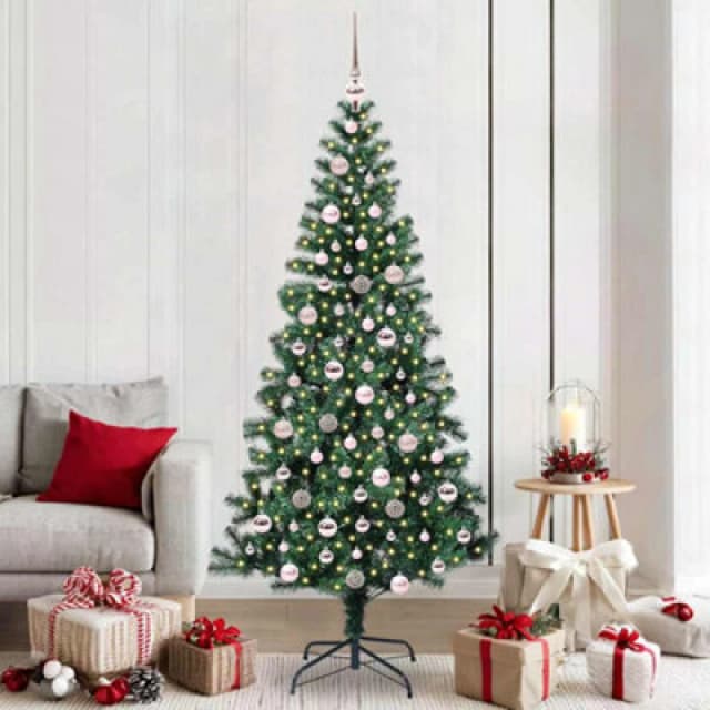 vidaXL Artificial Pre-lit Christmas Tree with Pink Balls Green 210cm PVC and Metal, Green 3396777