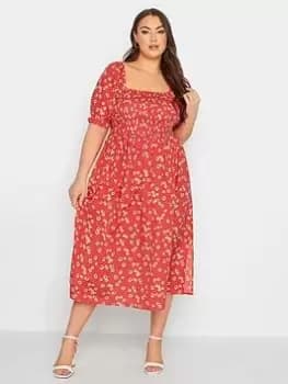 Yours Shirred Maxi Dress Red Daisy, Red, Size 20, Women