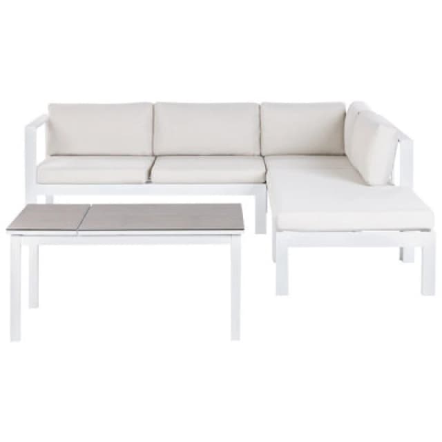 BELIANI 5 Seater Garden Sofa Set with Table White Frame Glass Tabletop and Off-White Cushions Messina 519655