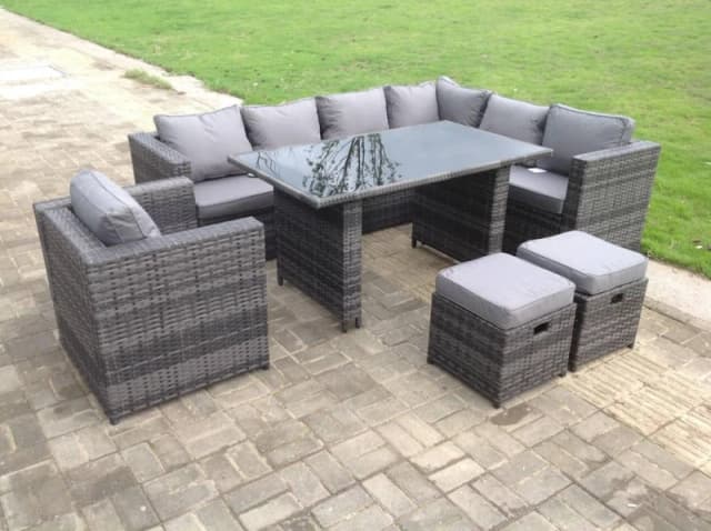 Fimous 8 Seater Outdoor Lounge Rattan Corner Sofa Set Garden Furniture Rectangular Dining Table Chair Dark Grey