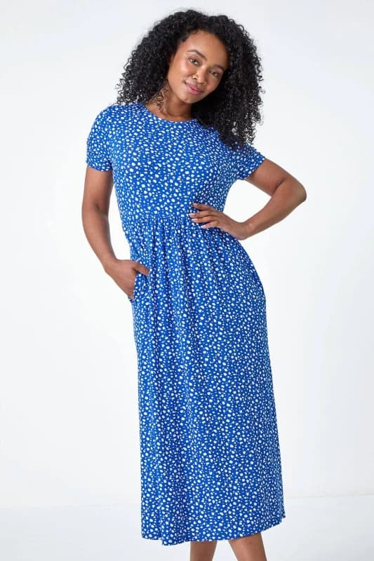 Roman Womens Petite Spot Print Stretch Midi Dress in Royal Size: 10 Royal Female 10