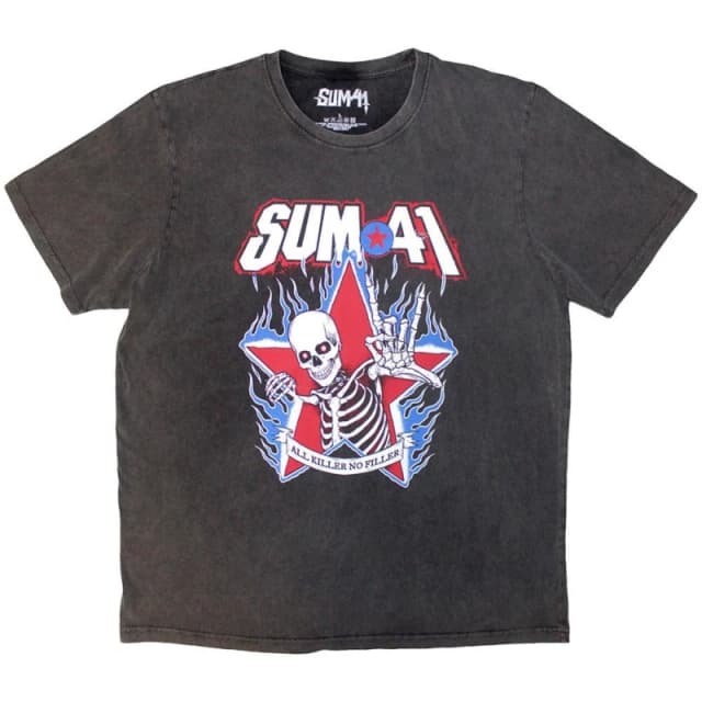 Sum 41 Mens All Killer No Filler Skeleton Stone Wash T-Shirt in Charcoal Size: Large Charcoal Male L