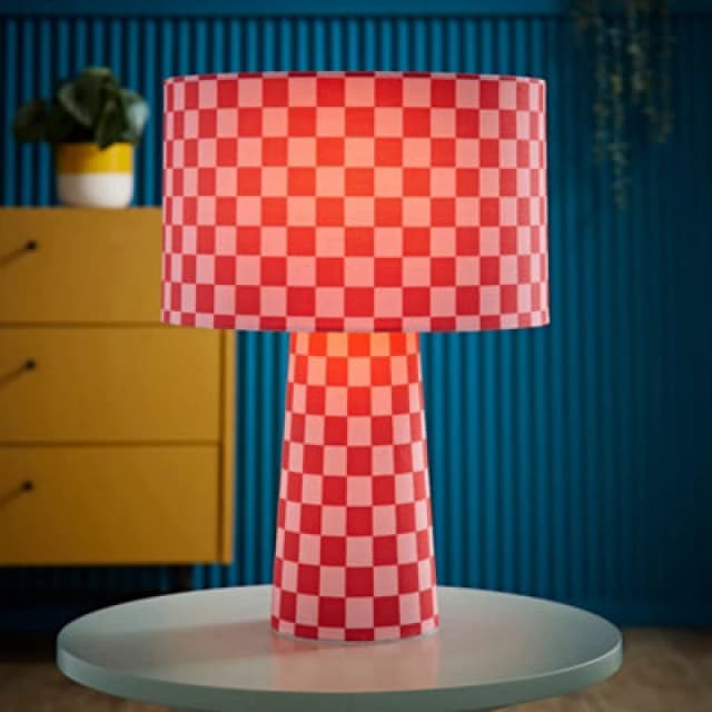 ValueLights ValueLights Pritchard Pink Checkerboard Drum Shade Full Fabric Table Lamp in Bright Pink Bright Pink One Size Unisex 5016529271659