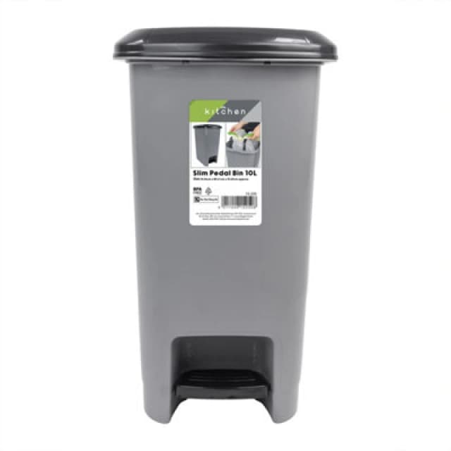 Jvl Slim Plastic Lidded Foot Pedal Waste Bin, 10L, Grey