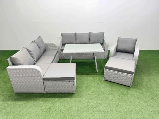 Fimous 6 Pieces Outdoor PE Rattan Garden Furniture with Big Stools Light Grey Light Grey Unisex