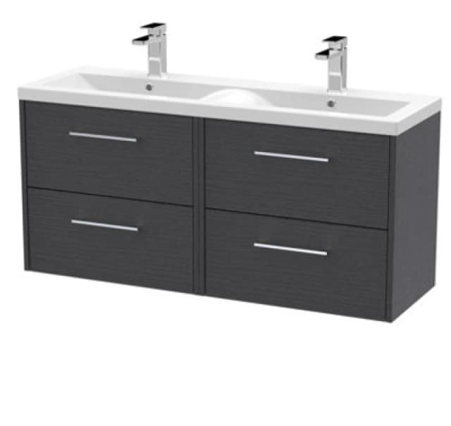 Hudson Reed Fluted Wall Hung 4-Drawer Vanity And Double Vitreous China Basin, Contemporary Sink Vanity Unit, Graphite Grey