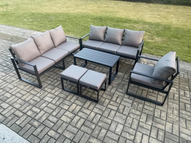 Fimous Aluminium 9 Seater Garden Furniture Outdoor Patio Sofa Set with Rectangular Coffee Table Armchair 2 Small Footstool in Dark Grey Dark Grey Unis