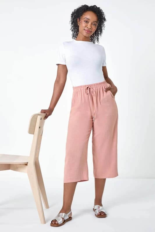 Roman Womens Petite Linen Mix Wide Cropped Trousers in Pink Size: 16 Pink Female 16