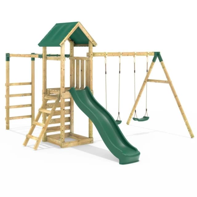 Rebo Wooden Climbing Frame with Double Swing, Monkey Bars and Slide - El Capitan Green Green