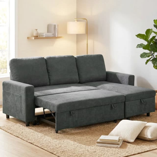 HOMCOM HOMCOM 3 Seater Corner Sofa Bed w/ Storage Convertible Pull Out Sofa Bed in Dark Grey Dark Grey One Size Unisex 5063603819856