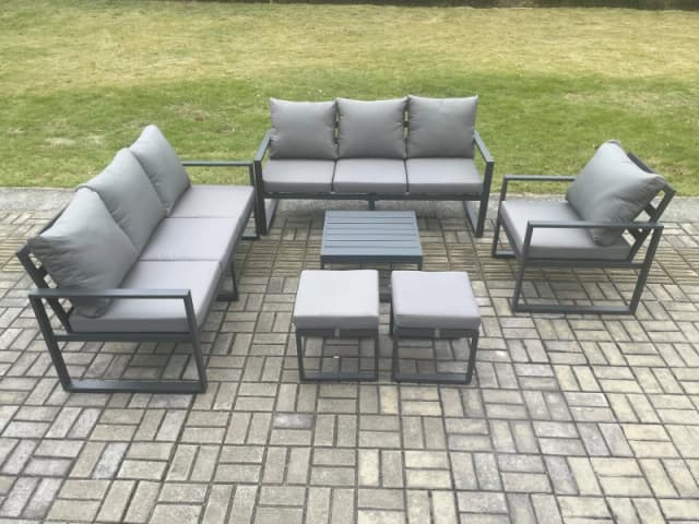 Fimous Aluminium 9 Seater Outdoor Garden Furniture Lounge Sofa Set with Square Coffee Table Chair 2 Small Footstools Dark Grey Dark Grey Unisex