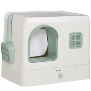 PawHut Cat Litter Box with Drawer Pan, Hooded Cat Litter Tray with Scoop, Deodorants, Front Entrance, 50 x 40 x 40 cm, White