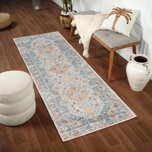 Livabliss Machine Washable Oriental Boho Denim Alka Runner Rug 80 X 220 Cm - Easy Care, Non Shedding, Ideal For Hallway Or Beside The Bed