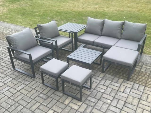 Fimous Aluminium Outdoor Lounge Sofa Set Garden Furniture Sets with Square Coffee Table 2 Chairs 3 Footstools Side Table Dark Grey 8 Seater Dark Grey