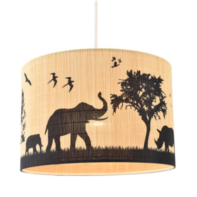 Happy Homewares Modern Safari Bamboo Pendant Light Shade With Black Animals And Trees