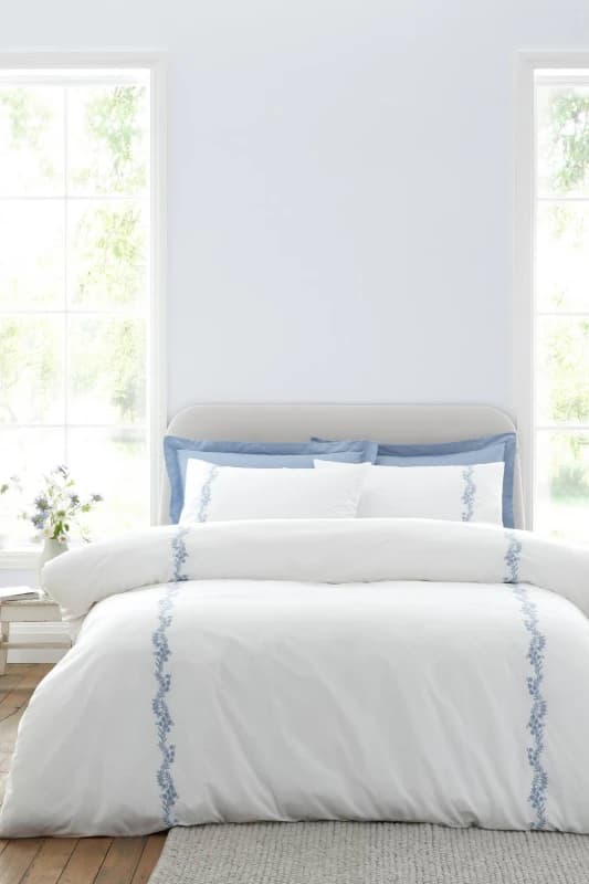 Bianca Camille Embroidered Floral Duvet Cover Bedding Set White Blue