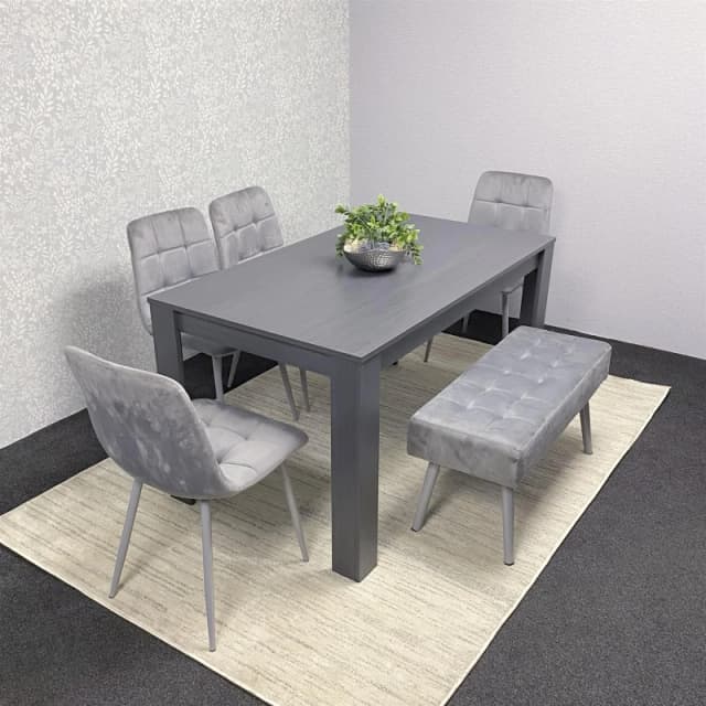 KOSY KOALA KOSY KOALA Dining Table and 4 Chairs With Bench Dark Grey Table 4 Grey Velvet Chairs Wood Table Dining Set Furniture Dark Grey One Size Uni