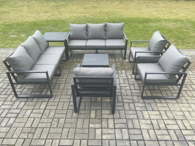 Fimous Aluminium Outdoor Garden Furniture Set Patio Lounge Sofa with Square Coffee Table 3 Armchairs Side Table Dark Grey Dark Grey Unisex