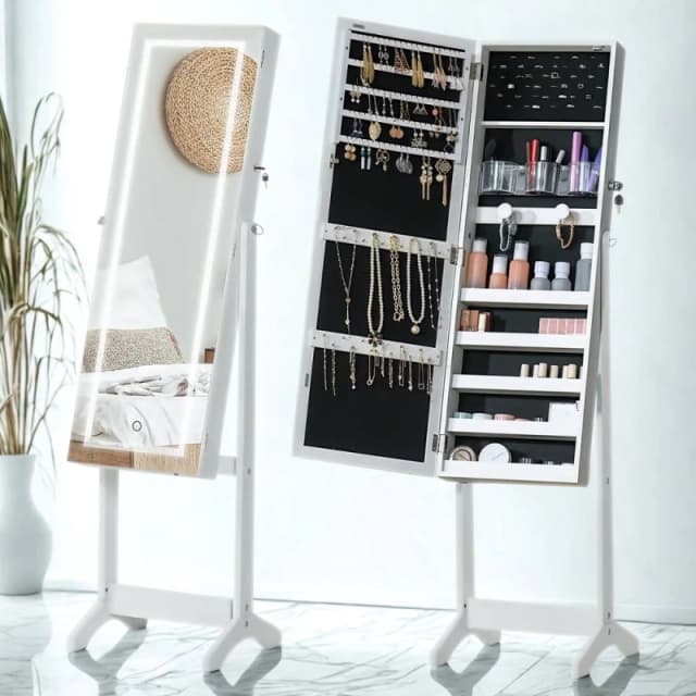 FURNOS Free Standing Mirror Lockable Jewellery Cabinet 360 Swivel in White White Unisex