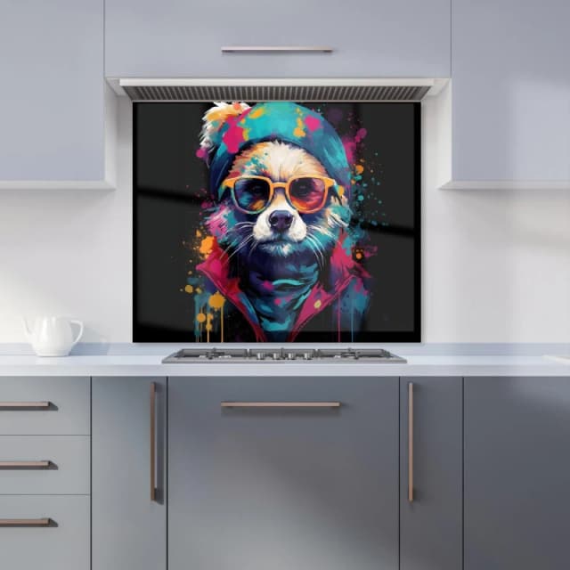 Warren Reed - Designer Multi Coloured Splashart Dog With Glasses Kitchen Splashback in Blue Size: 600mm x 750mm Blue Unisex 600mm x 750mm