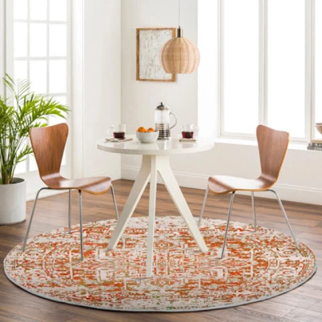 Livabliss Round Vintage Oriental Boho Orange/white Juliette Area Rug 160 X 160 Cm - Easy Care, Non Shedding, Ideal For Living Room & Bedroom