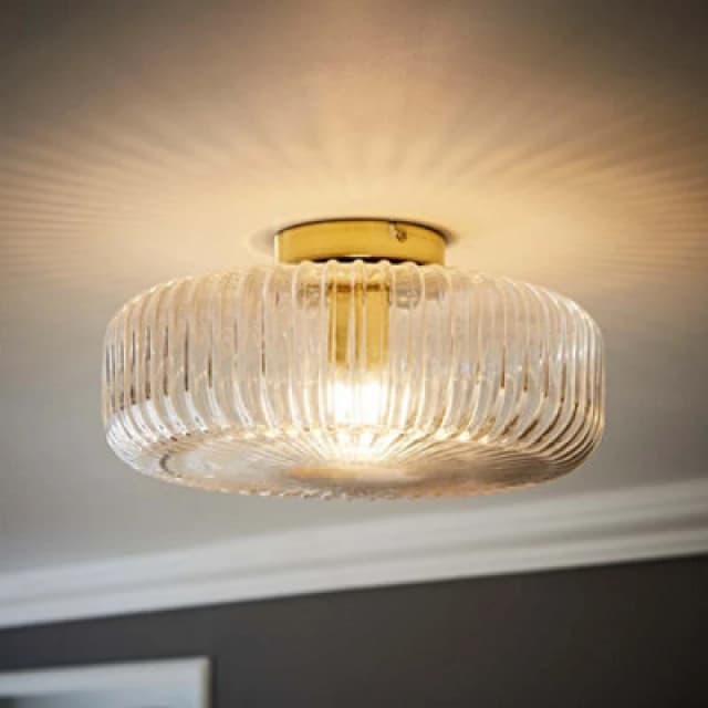 ValueLights ValueLights Calpe Large Ribbed Glass Shallow Flush Ceiling Light in Gold Gold One Size Unisex 5016529274780