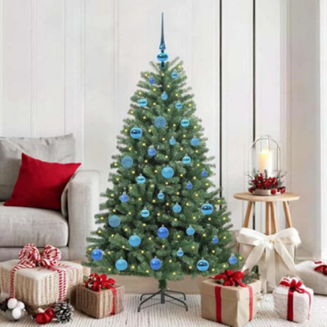 vidaXL Artificial Hinged Christmas Tree Blue Balls Green 150cm PVC and Metal, Green 3395485