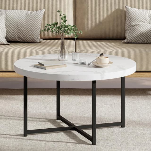 Vonhaus Mosley Marble Look Coffee Table For Living Room, Round Living Room Table White Grey Marble Design, Modern Centre Table