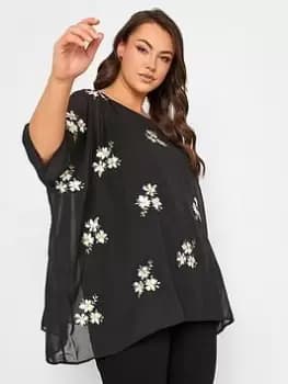 Yours Embroidered Daisy Cape Top, Black, Size 16, Women