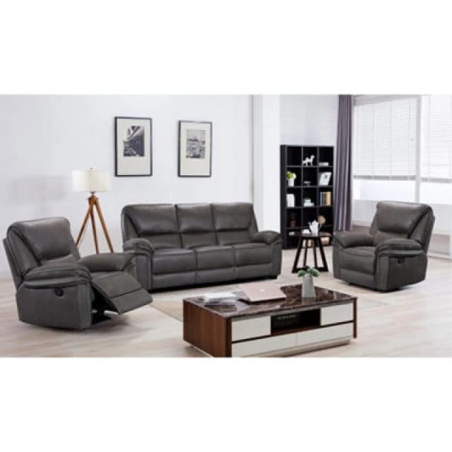 Furnishings For Less UK Boston Grey Fabric Large 3 Piece Sofa Suite Manual Reclining Armchairs + Static 3 Seater Seater Sofa Grey