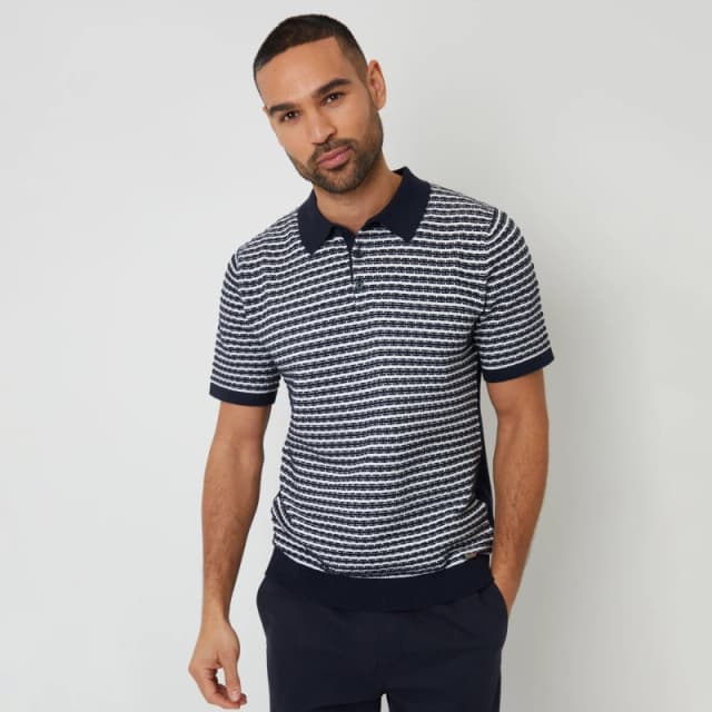 Threadbare Textured Stripe Knitted Polo Shirt Navy