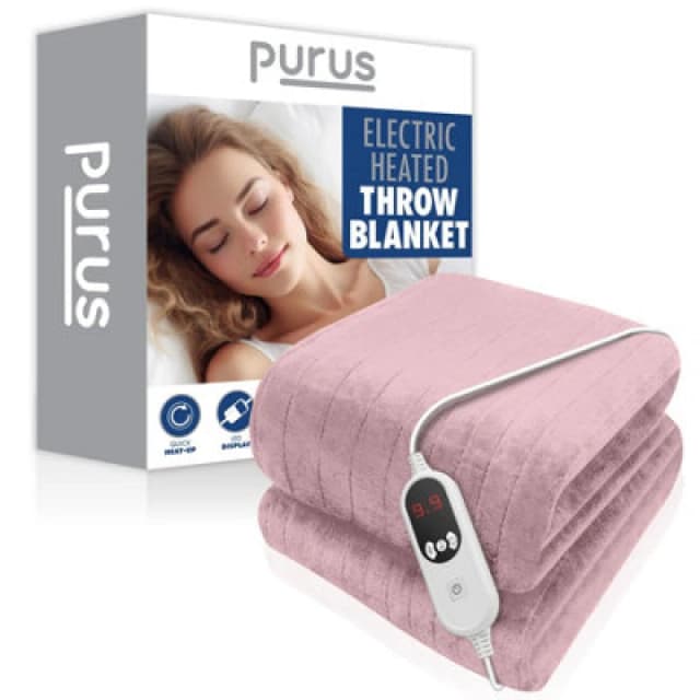 Purus Deluxe Pink Xl Electric Throw Heated Double Over Electric Blanket Soft Fleece 9 Heat & 12 Timer Settings
