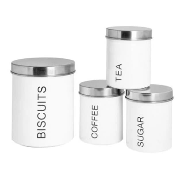 Harbour Housewares 4 Piece Kitchen Canisters Set - White - Round Metal Storage Caddy Tin Jar