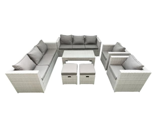 Fimous Outdoor Garden Furniture Rattan Sofa Set with 2 Armchairs Oblong Coffee Table 2 Small Footstools Light Grey Mixed Light Grey