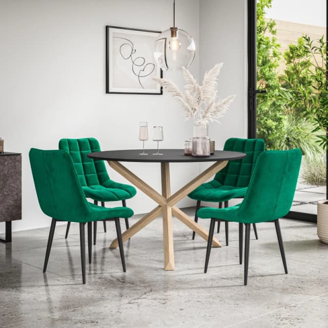 More4Homes Malvern Round Dining Table And Chairs - Black Table Top W Solid Oak Legs + Nova Velvet Dining Chair Set Of 4 (Green)