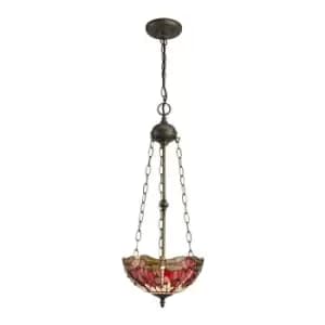 3 Light Uplighter Ceiling Pendant E27 With 30cm Tiffany Shade, Purple, Pink, Crystal, Aged Antique Brass - Luminosa Lighting