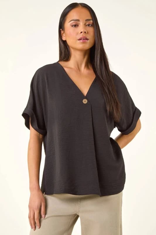 Roman Womens Petite One Buttoned V-Neck Top in Black Size: 12 Black Female 12